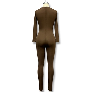 Detail of the hidden back zipper on a dark brown slim-fit long sleeve bodysuit for women