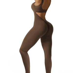Deep brown backless sleeveless athletic bodysuit with scrunch butt and slim fit for yoga