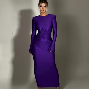 Detail of elegant pleated waist design on a purple long sleeve bodycon dress