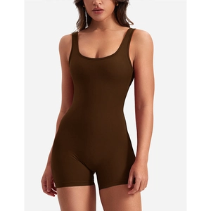 Combinaison dos nu sans manches marron foncé avec taille froncée et haute élasticité