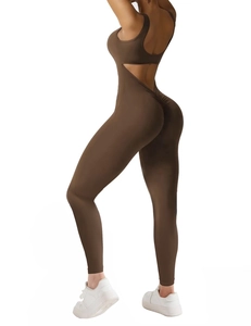Close-up of brown sleeveless sports bodysuit featuring a V-shaped open back and slim fit
