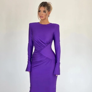 Detail view of purple ruched slim fit dress featuring pleated waist and flare sleeves