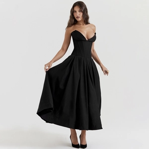 Robe Maxi Bustier à Armatures pour Femmes Sexy Dos Nu Col en V Profond Coupe en A Robe de Soirée Nightclub Clubwear