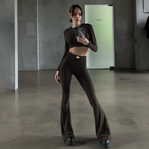 Women Casual Solid Color Long Sleeve Crop Top And High Waist Slight Flare Pants Streetwear Outfits Sport Lounge Set