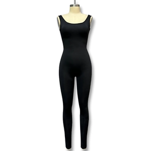 Sleeveless black sports catsuit with U-neck slim fit design for yoga and fitness wear