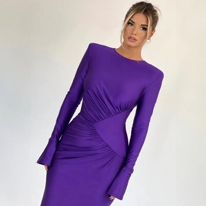 Detail view of the purple satin dress showing elegant waist pleats and slim fit tailoring