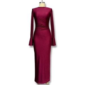 Slim fit burgundy maxi dress with long flare sleeves and elegant waist pleats