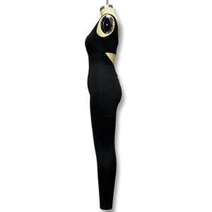 Close-up of black sleeveless bodysuit featuring side waist cut-out and elastic fabric
