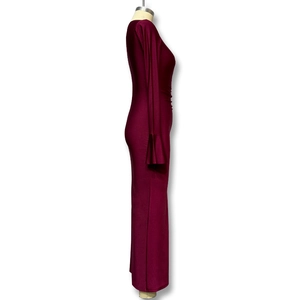Detail view of burgundy slim fit dress featuring unique flared bell sleeve cuffs