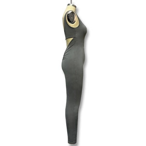 Detail view of side cutout on dark grey sleeveless athletic compression jumpsuit