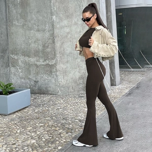 Women's 3-piece casual set with brown flare pants, crop top and beige cropped jacket