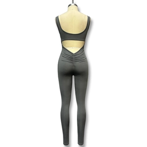 Macro view of seamless dark gray backless bodysuit with scrunch butt lift and U-cut design