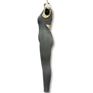 Detail of grey sleeveless athletic bodysuit featuring a unique side cutout design