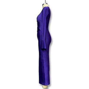 Detail of purple slim-fit dress showing waist ruching and flared sleeves on a mannequin