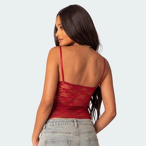 Rear view of a slim-fit red floral lace camisole top with thin straps and open back detail
