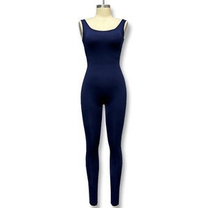 Close-up of navy blue sleeveless slim-fit bodysuit with seamless round neckline