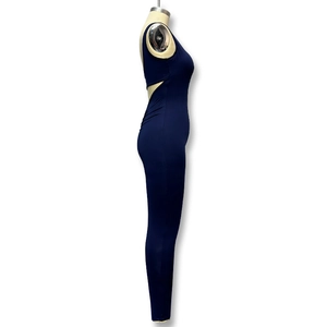 Detail view of navy blue sleeveless bodysuit featuring cut-out side and back design