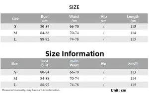 Detailed size guide table for V-neck backless dress with S, M, L measurements in centimeters