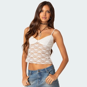 Slim fit white floral lace V-neck camisole with bow detail and backless design