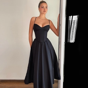 French Sexy V Neck Backless Spaghetti Strap Maxi Dress Polyester Spandex Corset Waist Ruched Party Evening Dresses For Women