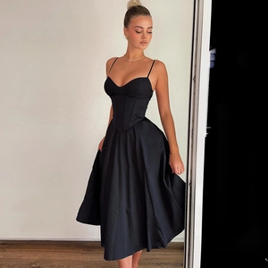 Elegant black corset midi dress with V-neck straps and backless design for summer parties