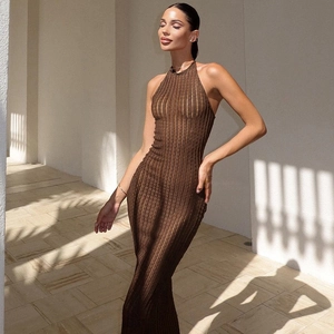 Women Halter Neck Knit Maxi Dress Sexy Backless Bodycon Slim Fit Solid Color Sleeveless Long Summer Vacation Beach Dress