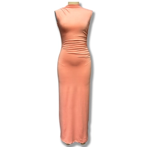 Elegant peach sleeveless maxi dress with a round neck and pleated waist details