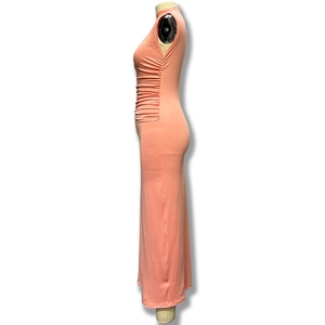 Detail of coral sleeveless maxi dress with side ruching for a slim fit silhouette