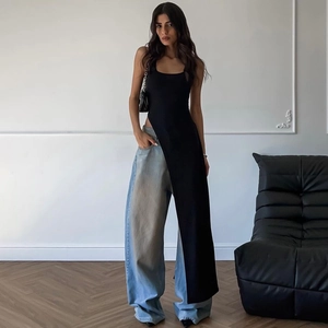 Women Summer Solid Color Slim Fit Sleeveless U Neck High Side Slit Long Top Streetwear Fashion Casual Polyester Tee