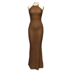 Elegant dark brown halter neck knitted maxi dress with slimming fit and vertical textures