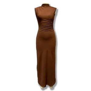 Detail view of brown sleeveless dress with high neck and elegant side ruching textures