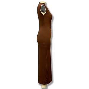 Detailed side view of chocolate brown sleeveless maxi dress with a slim fit silhouette