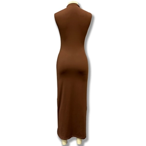 Detailed back view of a slim-fit sleeveless high-neck maxi dress in dark brown fabric