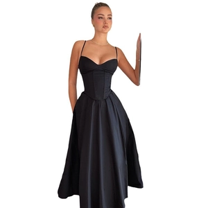 Elegant black backless V-neck maxi dress with corset waist and full swing skirt