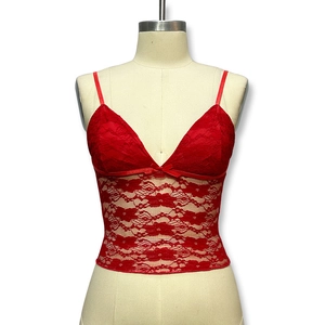 Slim fit red lace camisole top with V-neckline and elegant bow detail for women