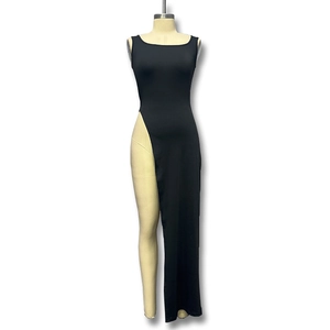 Detail view of black slim fit maxi dress featuring a high side slit and sleeveless U-neck design