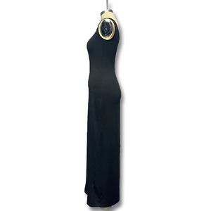 Side view of sleek black slim fit sleeveless maxi dress on a white mannequin