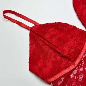 Close-up detail of red lace V-neck camisole with intricate floral patterns and elastic trim