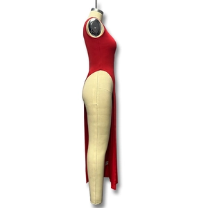 Detail view of red sleeveless slim fit top with ultra high side slit design
