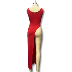 Detail view of red sleeveless maxi dress with high side slit on mannequin back