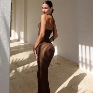 Brown knitted halter neck maxi dress with backless design and slim fit silhouette