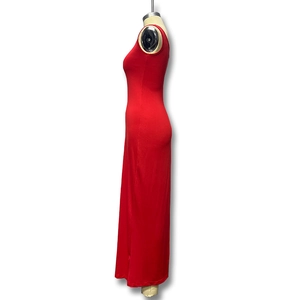 Detail view of red slim fit sleeveless knitted maxi dress with a tight silhouette