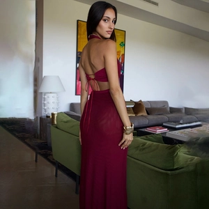 Elegant backless burgundy halter neck bodycon midi dress for evening parties and events