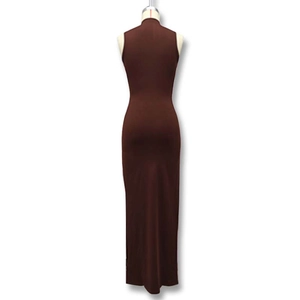 Rear view of sleek sleeveless bodycon dress in dark brown with elegant tie-back design