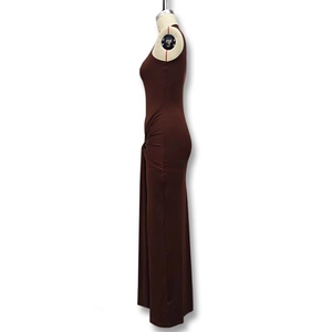 Detail view of the side drawstring ruched texture on the brown sleeveless bodycon maxi dress