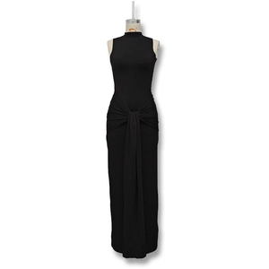 Detail of waist knot and draped ties on black sleeveless slim-fit bodycon dress