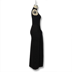 Detail view of black sleeveless bodycon maxi dress with side ruching on mannequin