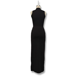 Rear view of sleek black sleeveless maxi dress with high neck and slim fit on mannequin
