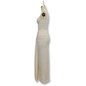 Detail of the waist twist knot and ruched texture on this beige sleeveless maxi dress