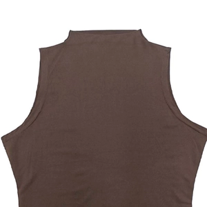 Detail of the mock neck design and knit texture on this coffee brown sleeveless dress